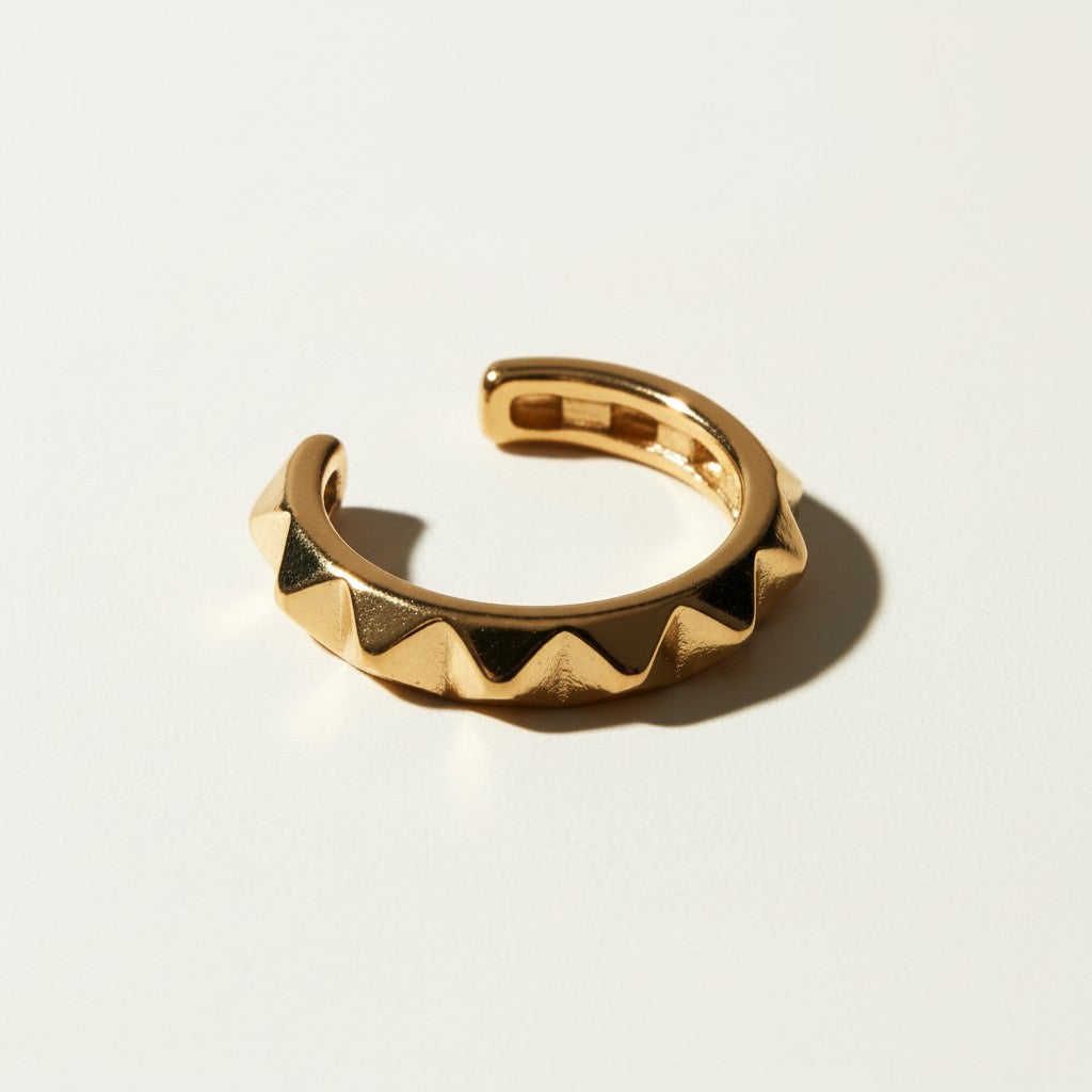 gold zigzag ring, pyramid statement ring, adjustable gold ring, geometric stacking ring, open band gold ring, textured statement ring, chunky gold ring, edgy gold ring