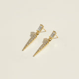 baguette crystal earrings, crystal drop earrings detail, pave spike earrings, gold drop earrings, 18K gold overlay earrings, dainty crystal drop, statement stud earrings, crystal earrings flat lay