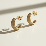textured gold hoop earrings flat lay, pave dome hoop earrings, sparkly textured hoops detail, micro CZ gold hoops, stardust texture earrings, tapered gold huggie hoops, sugared gold earrings, statement pave hoops