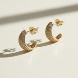 textured gold hoop earrings flat lay, pave dome hoop earrings, sparkly textured hoops detail, micro CZ gold hoops, stardust texture earrings, tapered gold huggie hoops, sugared gold earrings, statement pave hoops