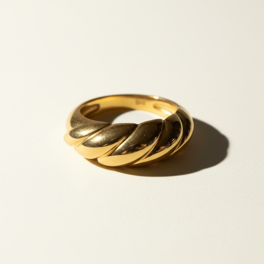 croissant ring, twisted ridge gold ring, textured dome ring, chunky gold ring, 18k gold overlay ring, statement gold ring, ribbed gold band ring, sculptural gold ring