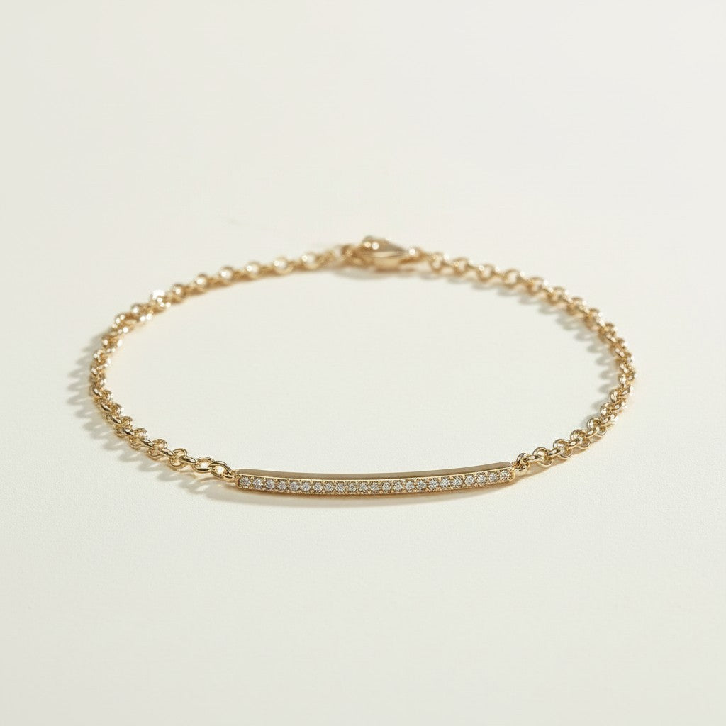CZ bar bracelet flat lay, cubic zirconia bracelet detail, gold overlay bracelet construction, adjustable CZ bracelet clasp, sparkly bar bracelet, rolo chain CZ bracelet, minimalist gold bracelet, pave CZ bracelet closeup