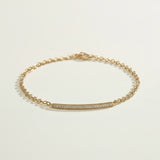CZ bar bracelet flat lay, cubic zirconia bracelet detail, gold overlay bracelet construction, adjustable CZ bracelet clasp, sparkly bar bracelet, rolo chain CZ bracelet, minimalist gold bracelet, pave CZ bracelet closeup