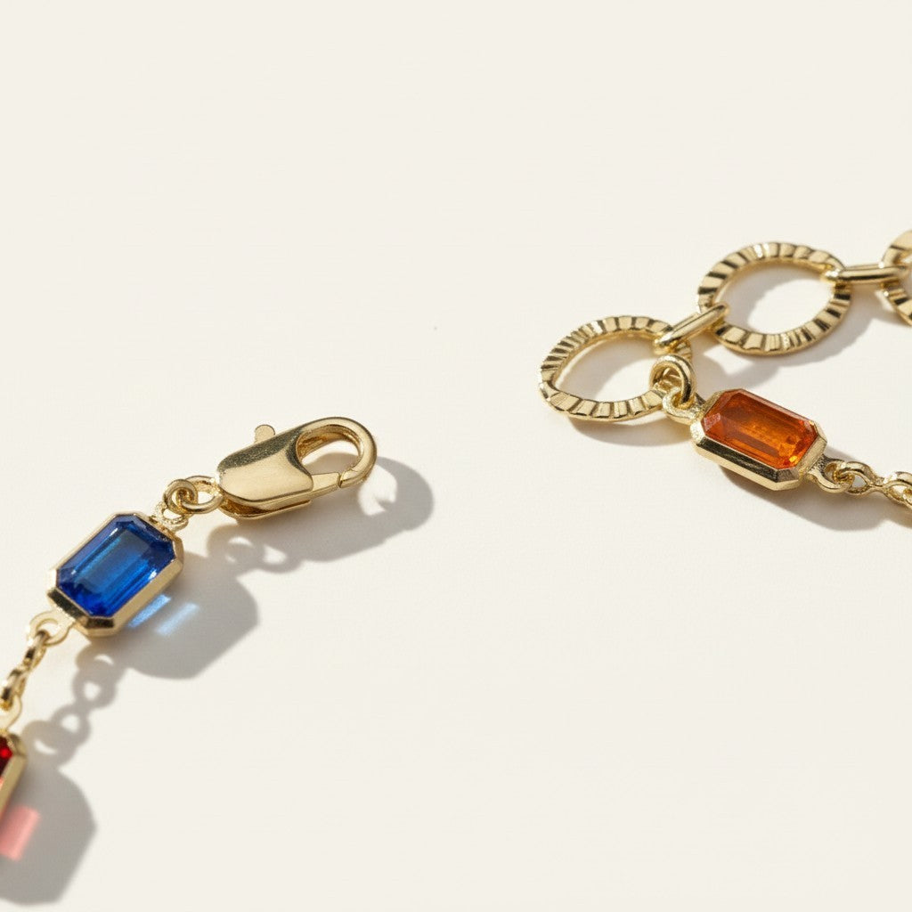 multicolor gemstone bracelet, rainbow tennis bracelet, emerald cut stone bracelet, colorful gold bracelet, gemstone chain bracelet, statement bracelet, adjustable gold bracelet, birthstone style bracelet