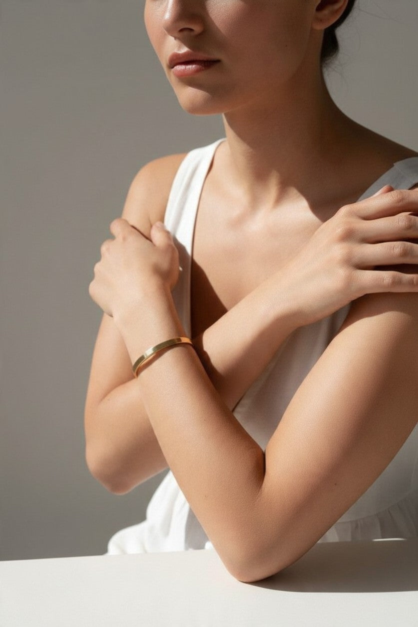 gold cuff bracelet, slim open cuff bracelet, flat gold bangle, minimalist gold bracelet, polished gold cuff, adjustable cuff bracelet, everyday gold bracelet, dainty wrist jewelry, stackable bracelet, modern gold jewelry, women’s gold cuff, simple gold bracelet