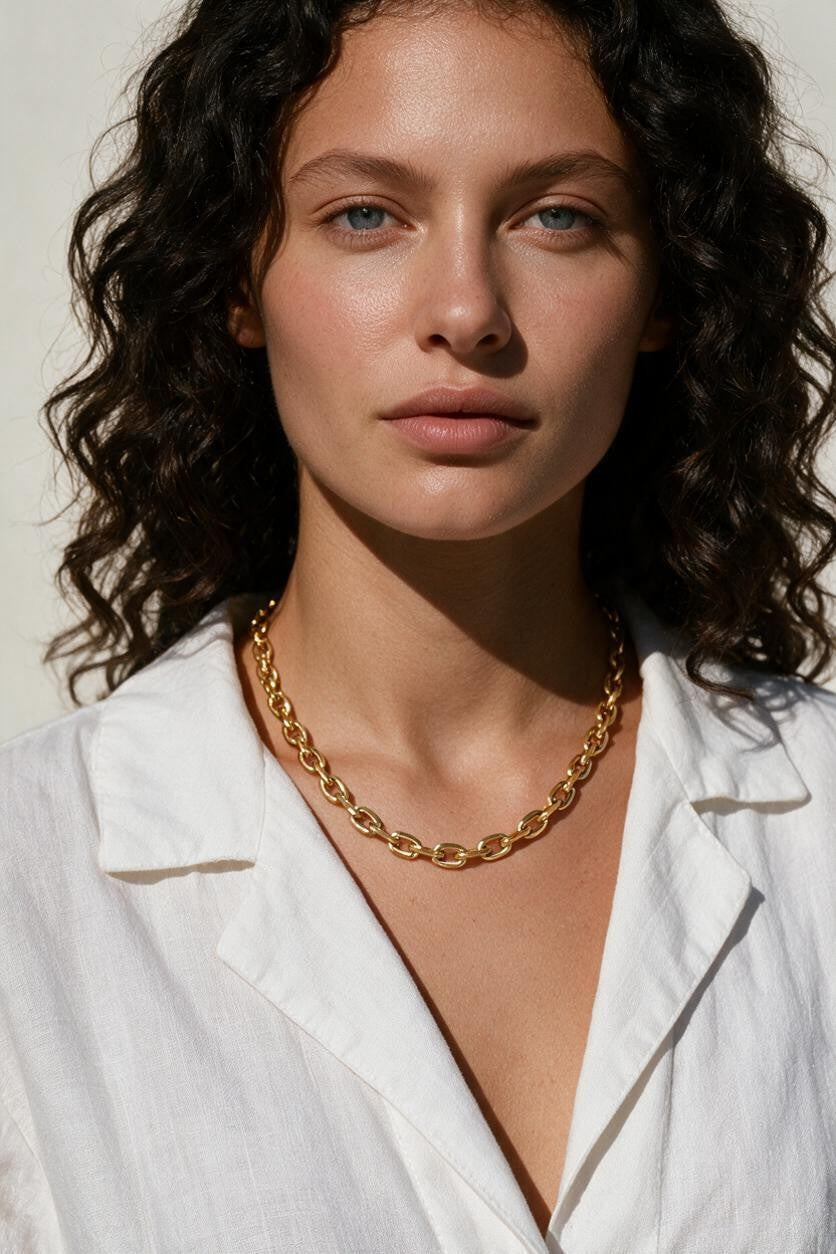 faceted cable chain necklace, layered gold chains, gold cable chain set, graduated length necklaces, oval link chain necklace, layering chain necklaces, everyday gold chain stack, link chain detail