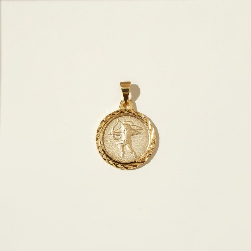cherub archer coin pendant, astrology jewelry charm, diamond cut coin pendant, gold zodiac sign necklace charm, Sagittarius jewelry gold