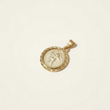 This gold pendant charm features a round medallion engraved with a cherub archer drawing a bow and arrow rendered in fine relief detail against a softly textured background. A decorative diamond-cut rope border frames the coin's edge, adding dimensional sparkle and an antique, collectible-coin character. The pendant hangs from a sturdy bail, ready to be added to a chain of your choice