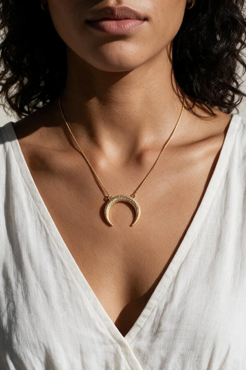 crescent moon necklace, pavé horn pendant, gold crescent necklace, celestial pendant necklace, moon horn necklace on model, dainty crescent jewelry, crystal crescent necklace