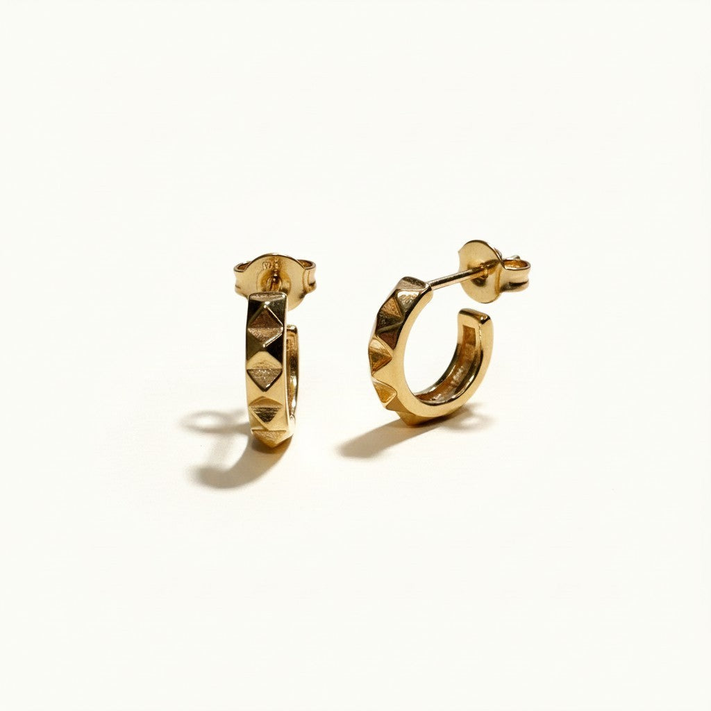 gold pyramid hoop earrings, textured huggie hoops, geometric stud hoops, edgy gold hoop earrings, pyramid stud earrings, small gold hoops, statement huggie earrings, chunky textured hoops