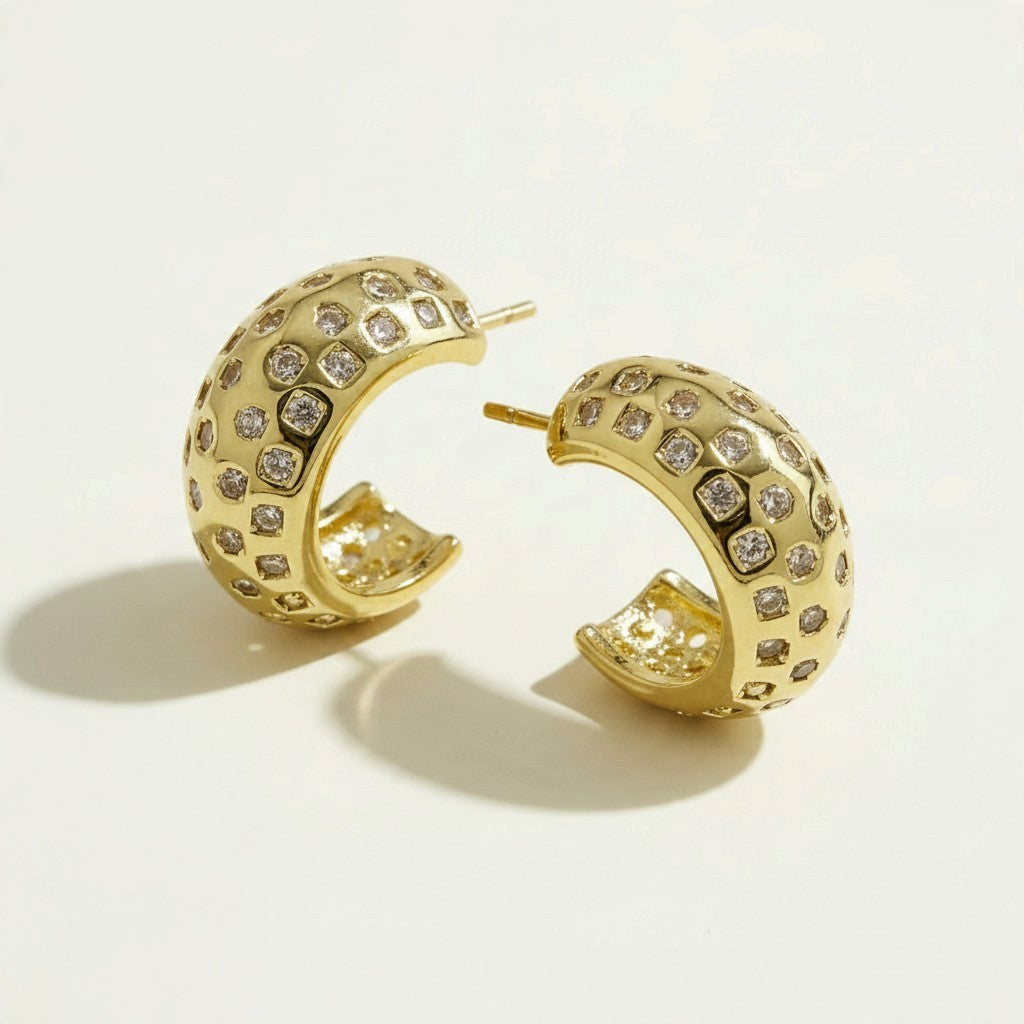 chunky gold hoop earrings, dome hoop earrings, crystal c hoop earrings, thick gold huggie earrings, chunky half hoop earrings, sparkly gold hoops, statement huggie earrings, lightweight chunky hoops, cubic zirconia hoop earrings, gold dome earrings, bold gold earrings, women’s chunky hoops