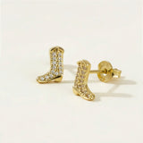 cowboy boot earrings, gold cowboy boot studs, western stud earrings, pavé boot earrings, cowgirl earrings, country concert jewelry, western jewelry, sparkly stud earrings, novelty stud earrings, cubic zirconia boot studs, fun gold stud earrings, gift for cowgir