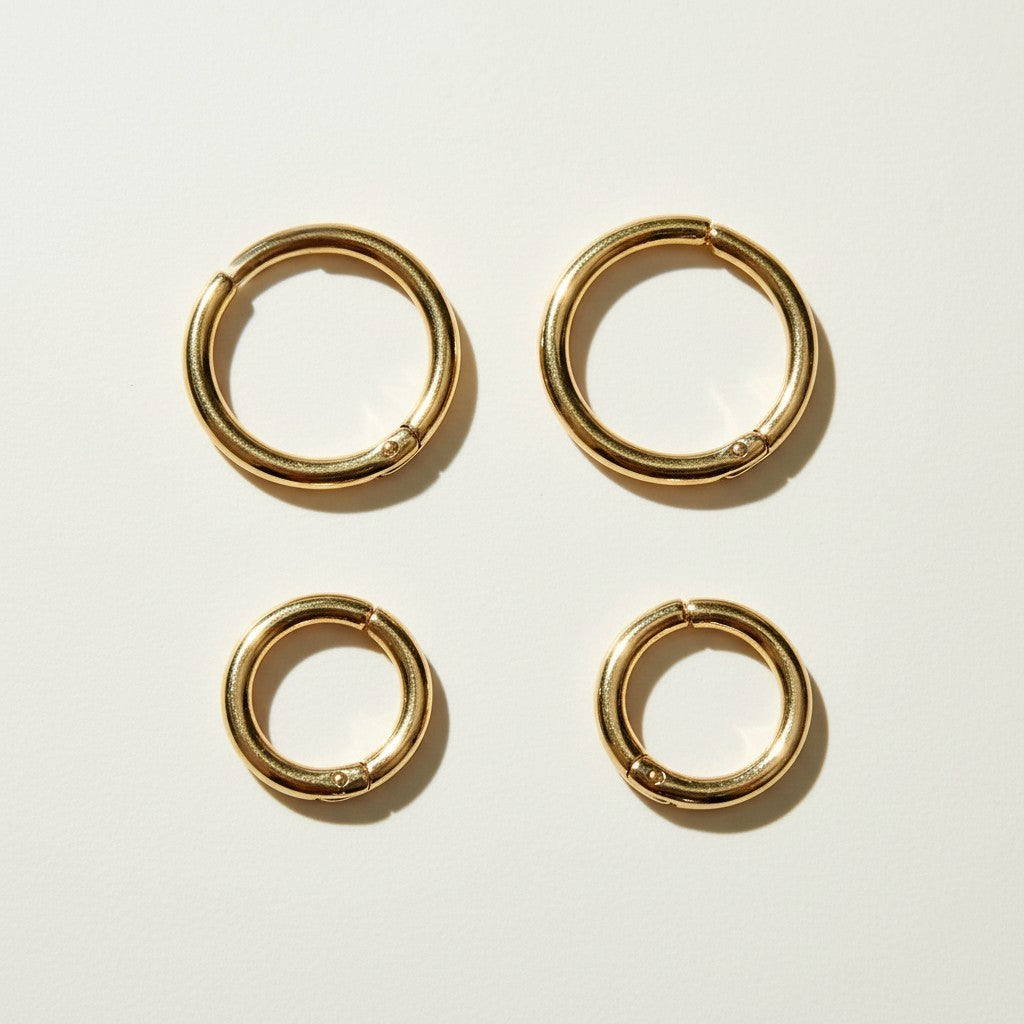 gold seamless hoop earrings set, minimalist hoop earrings two sizes, hoops for charms, hinged hoop earrings gold, small and large gold hoops, customizable charm hoop earrings, everyday seamless hoops