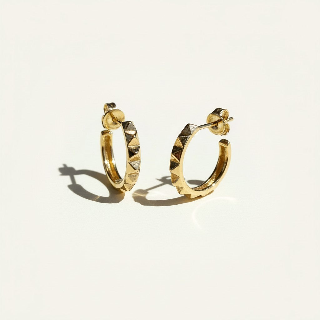  gold pyramid hoop earrings, textured huggie hoops, geometric stud hoops, edgy gold hoop earrings, pyramid stud earrings, small gold hoops, statement huggie earrings, chunky textured hoops