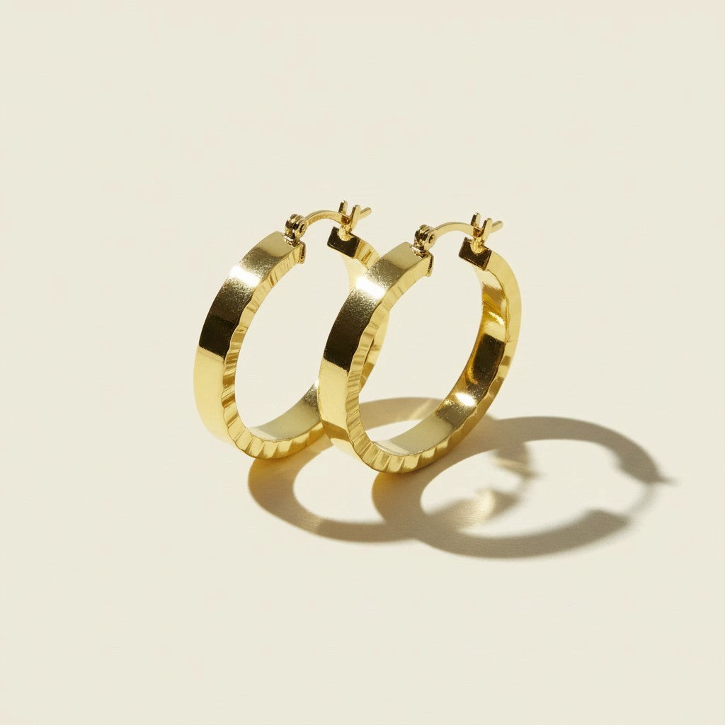 gold flat hoop earrings, wide band hoop earrings, ridged edge hoop earrings, textured gold hoops, scalloped hoop earrings, medium gold hoops, polished gold hoop earrings, hinged hoop earrings, statement hoops, everyday gold hoops, modern hoop earrings, gift for her