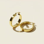 gold flat hoop earrings, wide band hoop earrings, ridged edge hoop earrings, textured gold hoops, scalloped hoop earrings, medium gold hoops, polished gold hoop earrings, hinged hoop earrings, statement hoops, everyday gold hoops, modern hoop earrings, gift for her