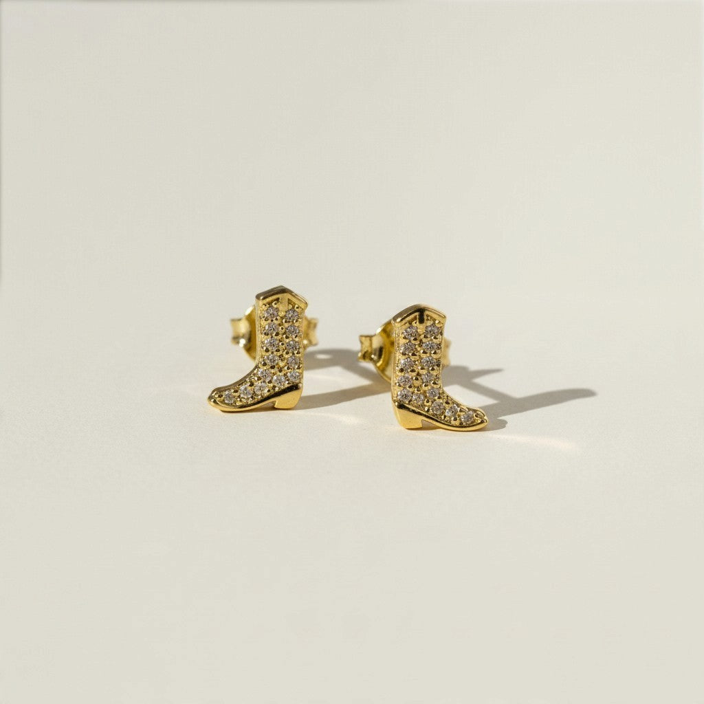 cowboy boot earrings, gold cowboy boot studs, western stud earrings, pavé boot earrings, cowgirl earrings, country concert jewelry, western jewelry, sparkly stud earrings, novelty stud earrings, cubic zirconia boot studs, fun gold stud earrings, gift for cowgir