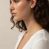 gold beaded huggie hoops, small gold hoop earrings, stacked ear look, beaded hoop earrings, layered earring set, gold huggie hoops on model, dainty gold hoops, curated ear stack