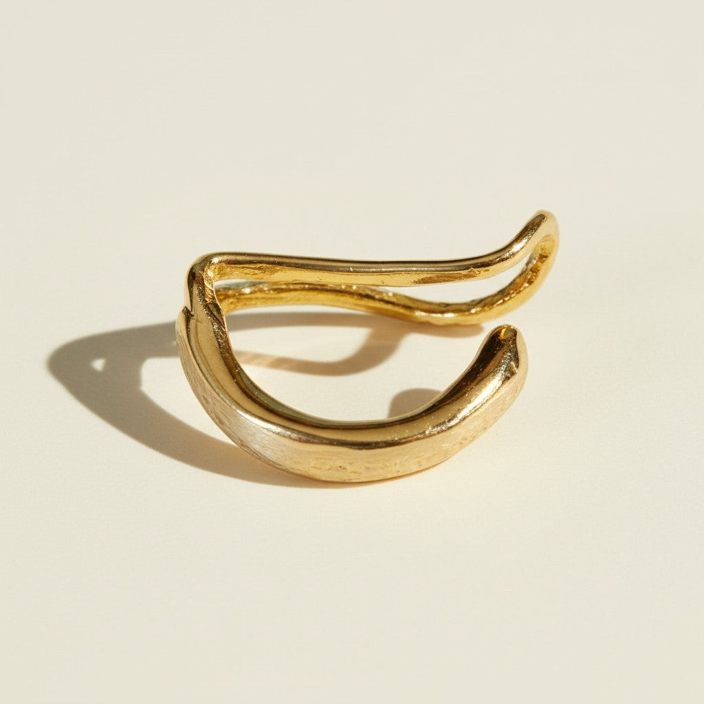 gold ear cuff, wave ear cuff, no piercing ear cuff, sculptural ear cuff, hammered gold ear cuff, organic shape earrings, double band ear cuff, minimalist ear cuff, non-pierced earrings, cartilage cuff, wire ear cuff, ear stack jewelry, artisan gold jewelry, gift for her