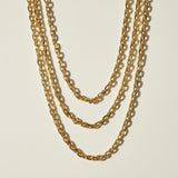  chunky gold chain necklace, oval link chain necklace, layered gold chains on model, gold cable chain necklace, statement chain necklace, graduated length chain layering, bold link necklace