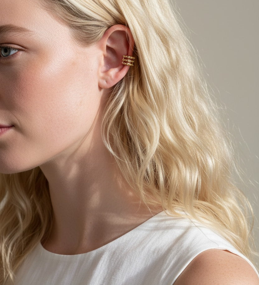 gold ear cuff, triple row ear cuff, no piercing ear cuff, stacked ear cuff gold, cartilage cuff earring, textured gold ear cuff, non-pierced cuff earring, layered ear cuff
