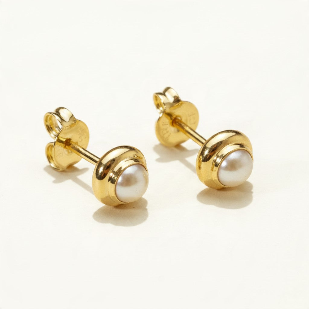 pearl stud earrings, small pearl studs, gold bezel pearl earrings, classic pearl earrings, minimalist pearl earrings, everyday pearl studs, dainty pearl earrings, gold and pearl earrings, bridal pearl studs, pearl earrings with butterfly backs, gift pearl earrings, women’s pearl earrings