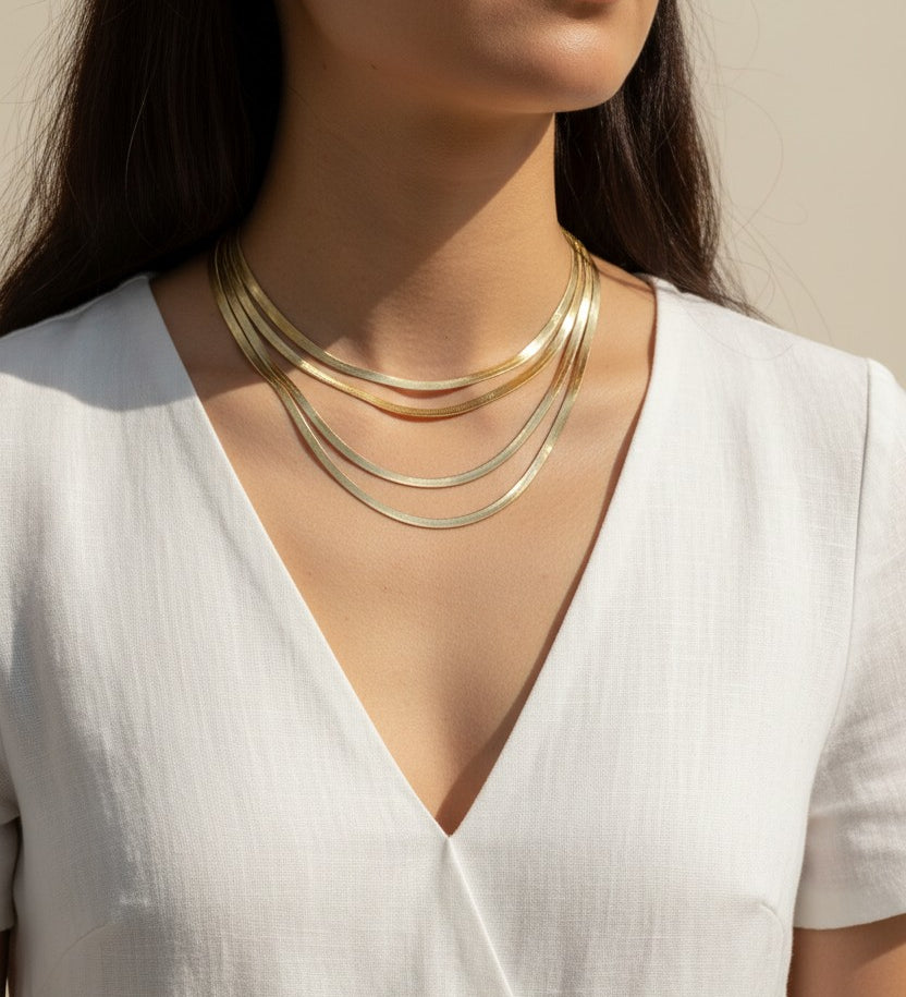 herringbone chain layered necklaces, gold herringbone layering set, multi-strand herringbone necklace, layered gold chain on model, 18k gold overlay chain set, herringbone choker and necklace, layered necklace styling, gold chain layering inspiration