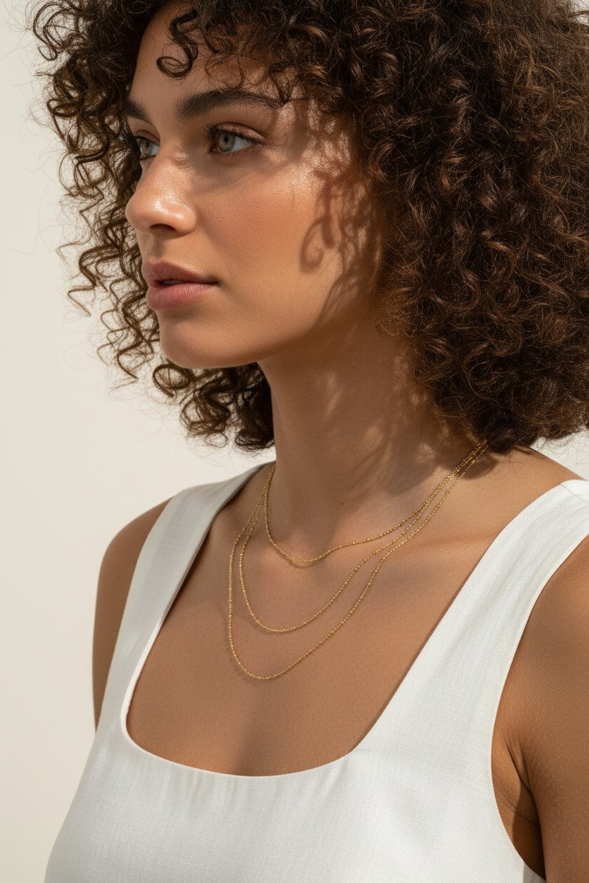 layered satellite necklace, beaded chain necklace, cascading gold necklace, dainty layered necklace, 18k gold satellite chain, multi strand beaded necklace, delicate gold necklace set, graduated layered chain