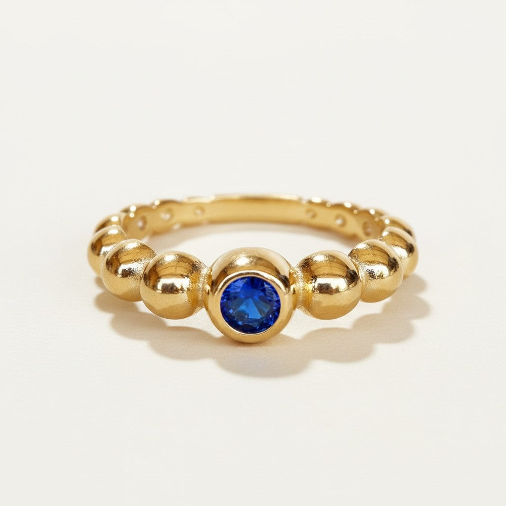 sapphire beaded ring, gold bubble ring, blue sapphire gold ring, beaded band ring, stacking gold ring, statement sapphire ring, textured gold ring, bezel set sapphire ring