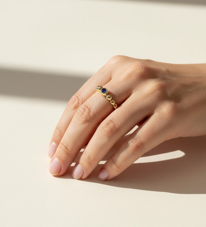 sapphire beaded ring, gold bubble ring, blue sapphire gold ring, beaded band ring, stacking gold ring, statement sapphire ring, textured gold ring, on-model ring photography