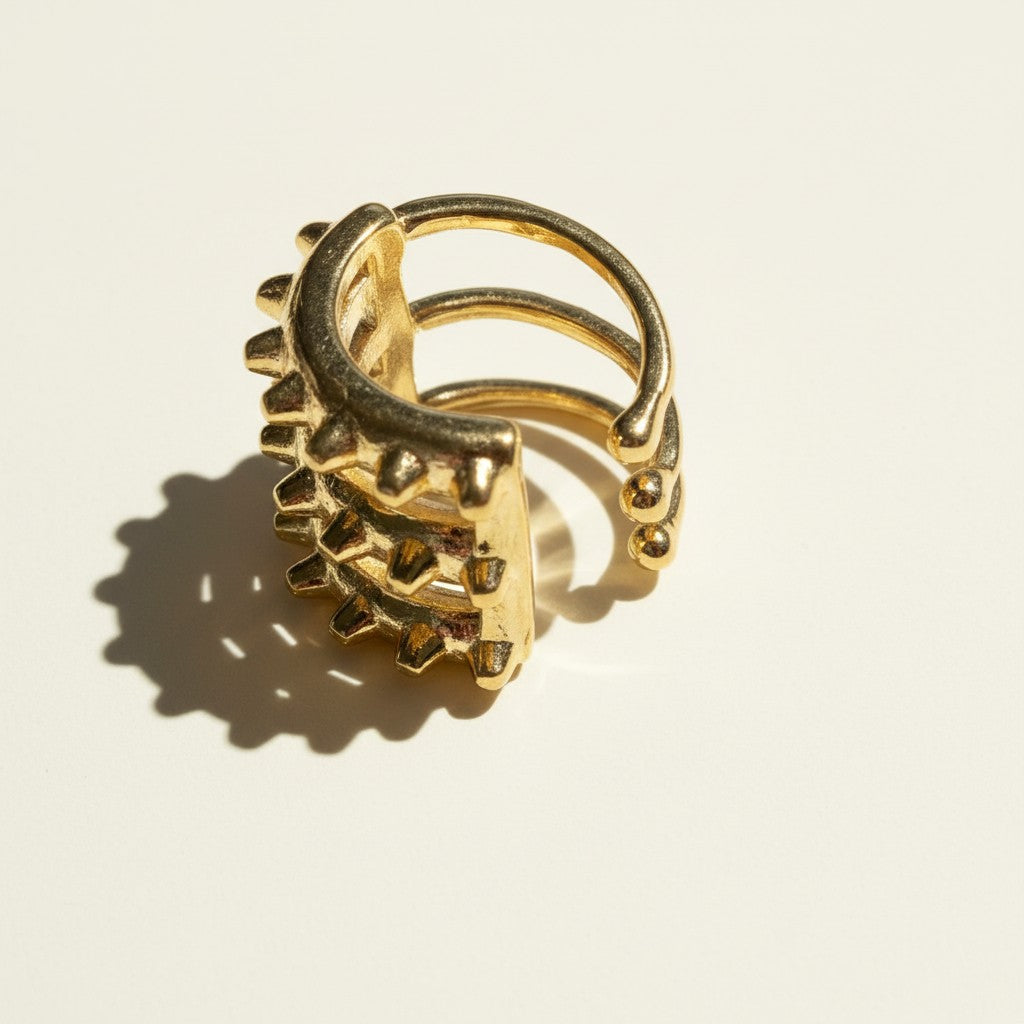 gold spike ear cuff, textured ear cuff, no piercing ear cuff, triple row ear cuff, edgy gold ear cuff, adjustable ear cuff, statement ear cuff, gold nugget cuff earring