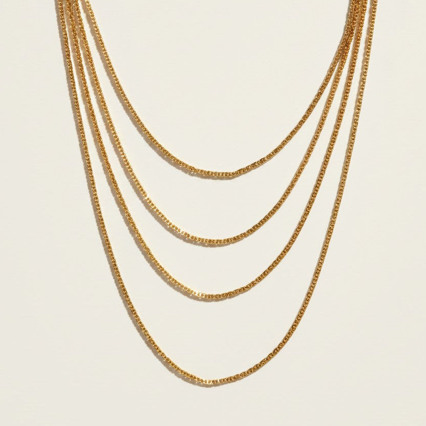 layered box chain necklace, gold chain set flat lay, 18K gold overlay layered necklace, graduated chain necklace, multi-strand gold necklace, dainty layered necklace, waterfall chain necklace, layered necklace set