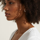 pearl hoop earrings on model, small pearl hoops lifestyle, freshwater pearl earrings, gold and pearl hoop earrings, dainty pearl earrings, pearl huggie earrings, minimalist pearl jewelry, everyday pearl earrings