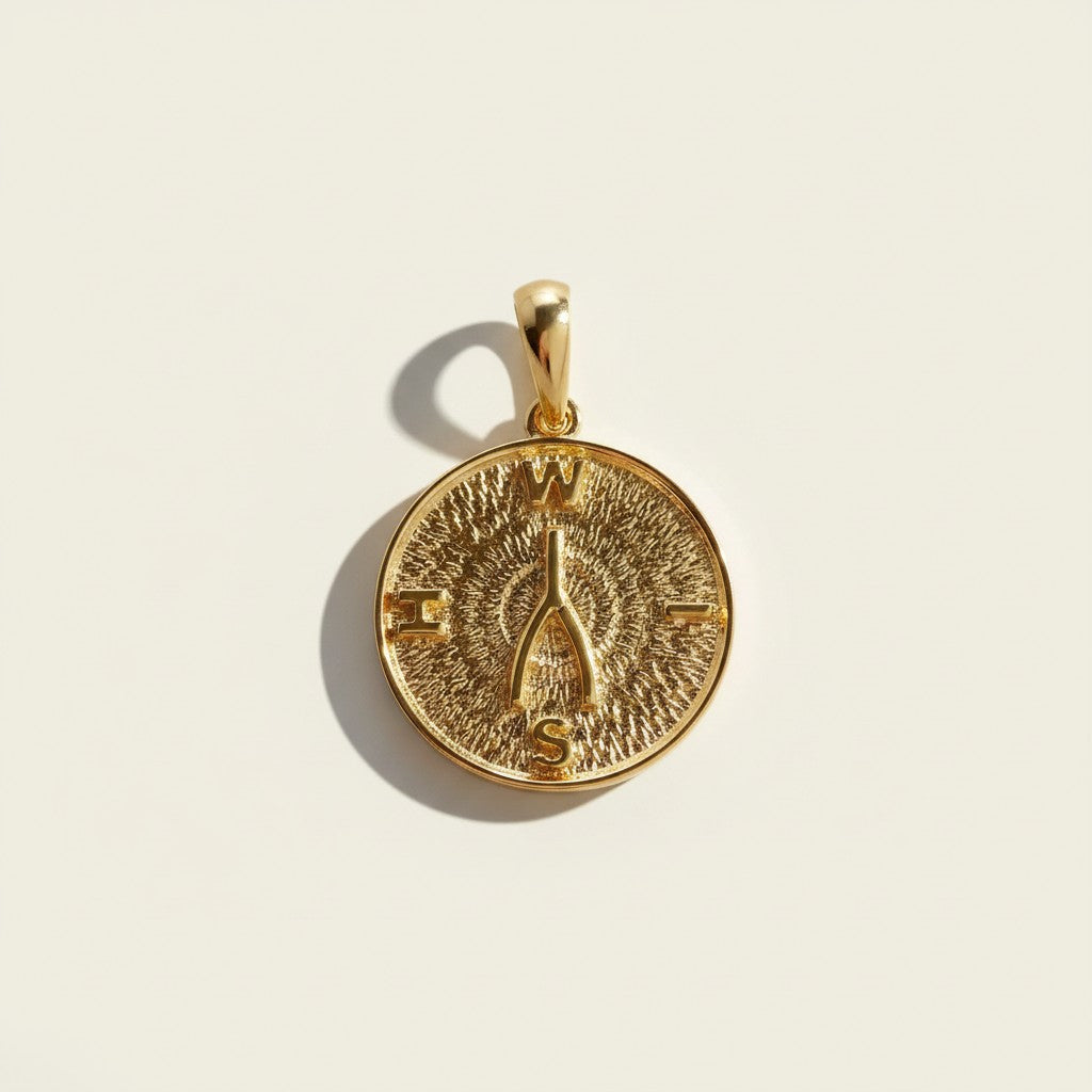 gold wishbone pendant, compass coin necklace charm, medallion pendant gold, symbolic jewelry, vintage coin pendant, textured gold pendant, lucky charm necklace, layering pendant