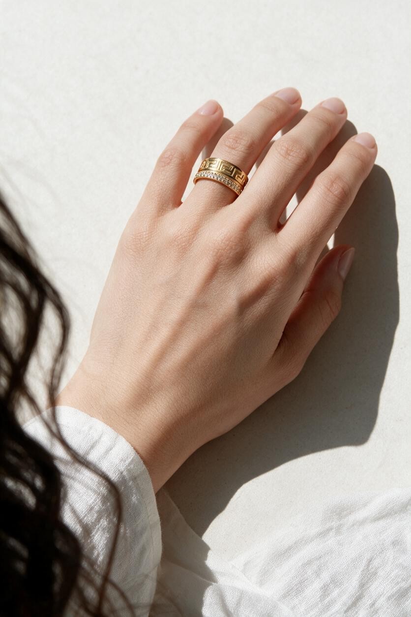 Greek key ring on model, wide gold band ring on hand, meander pattern ring, pavé band ring lifestyle, engraved gold statement ring, geometric gold band styled