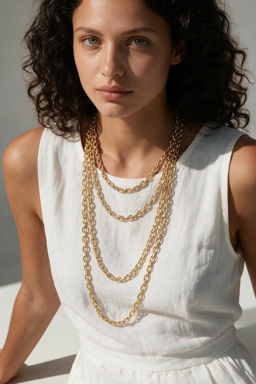 faceted cable chain necklace, layered gold chains, gold cable chain set, graduated length necklaces, oval link chain necklace, layering chain necklaces, everyday gold chain stack, link chain detail