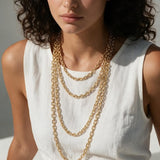 faceted cable chain necklace, layered gold chains, gold cable chain set, graduated length necklaces, oval link chain necklace, layering chain necklaces, everyday gold chain stack, link chain detail