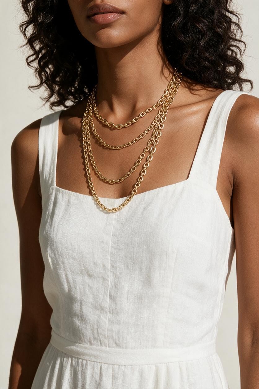 faceted cable chain necklace, layered gold chains, gold cable chain set, graduated length necklaces, oval link chain necklace, layering chain necklaces, everyday gold chain stack, link chain detail