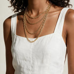 faceted cable chain necklace, layered gold chains, gold cable chain set, graduated length necklaces, oval link chain necklace, layering chain necklaces, everyday gold chain stack, link chain detail