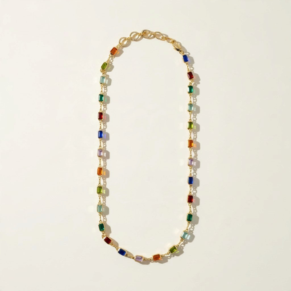 rainbow station necklace, multicolor gemstone necklace, emerald cut crystal necklace, colorful bezel necklace, gold bezel chain necklace, birthstone-style necklace, candy color necklace, layering necklace, adjustable gold necklace, jewel tone necklace, statement station necklace, women’s colorful necklace