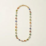 rainbow station necklace, multicolor gemstone necklace, emerald cut crystal necklace, colorful bezel necklace, gold bezel chain necklace, birthstone-style necklace, candy color necklace, layering necklace, adjustable gold necklace, jewel tone necklace, statement station necklace, women’s colorful necklace