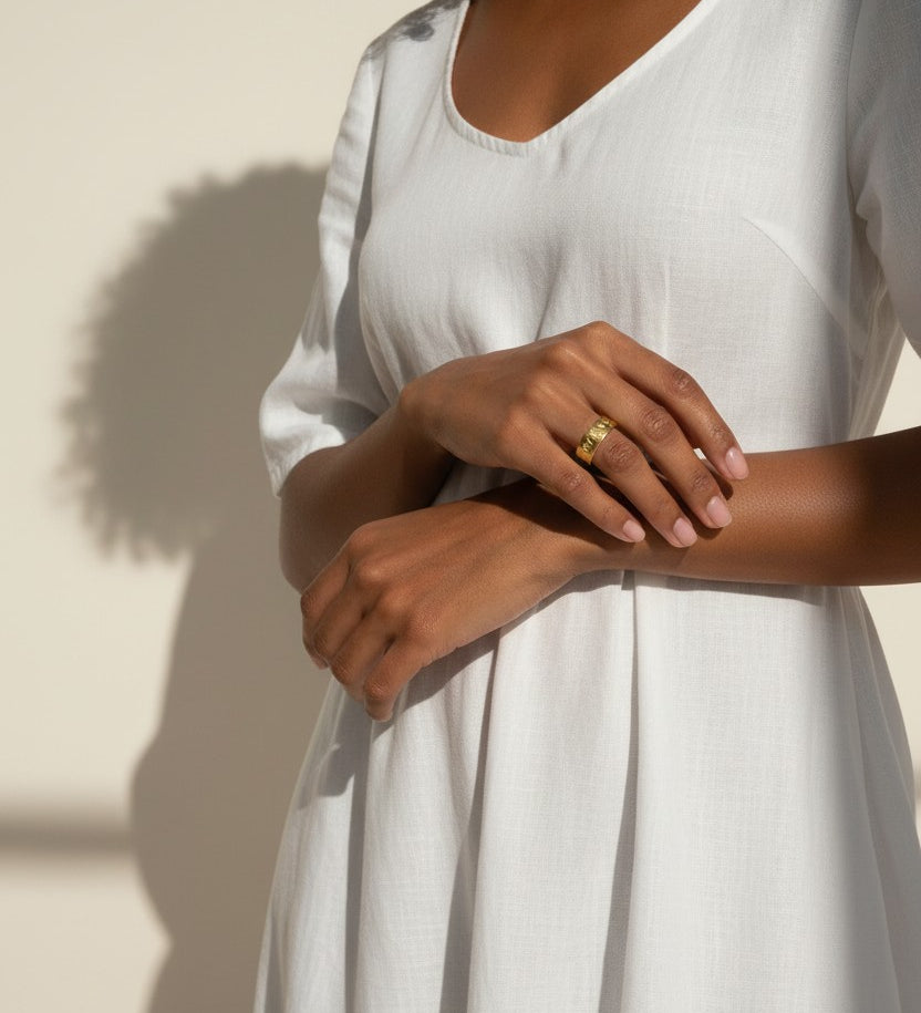 roman numeral ring, engraved gold band ring, wide gold band ring, statement gold ring, numeral motif jewelry, gold ring stack, milgrain edge ring, on-model ring photography