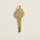 gold key pendant, saint medallion key necklace charm, religious key jewelry, symbolic gold pendant, vintage medal key charm, textured gold pendant, devotional jewelry, novelty key necklace