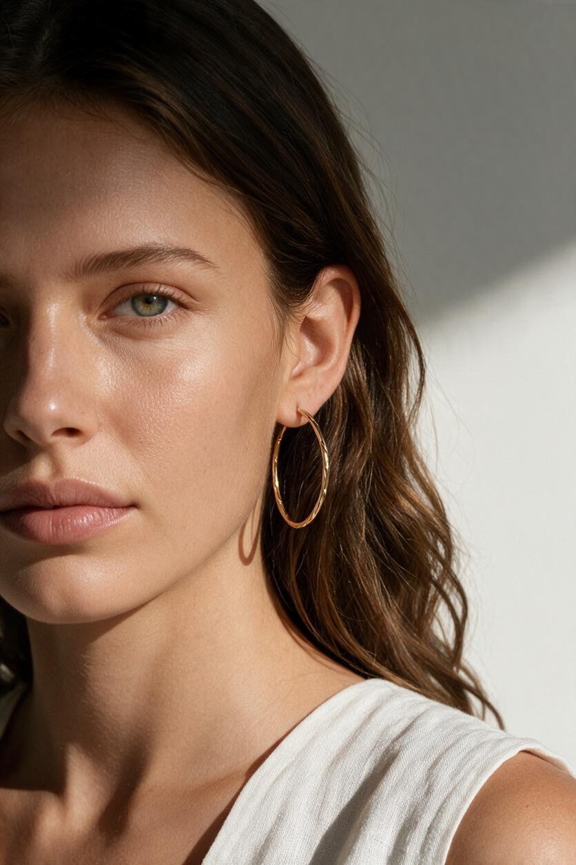 gold hoop earrings on model, textured gold hoops, thin endless hoop earrings, diamond-cut hoop earrings, lightweight hoop earrings, medium gold hoops, minimalist gold hoops, everyday hoop earrings, sleeper hoops, twist hoop earrings, women’s gold hoops, elegant everyday earrings