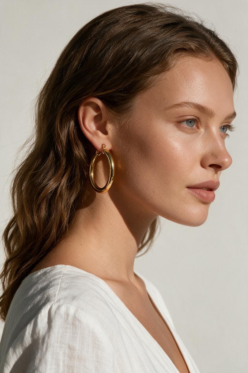 classic gold hoop earrings on model, gold tube hoop earrings, polished gold hoops, medium gold hoop earrings, thick gold hoops, everyday gold hoops, timeless hoop earrings, minimalist gold hoops, lightweight chunky hoops, hoop earrings for long hair, gift for her, summer linen style jewelry