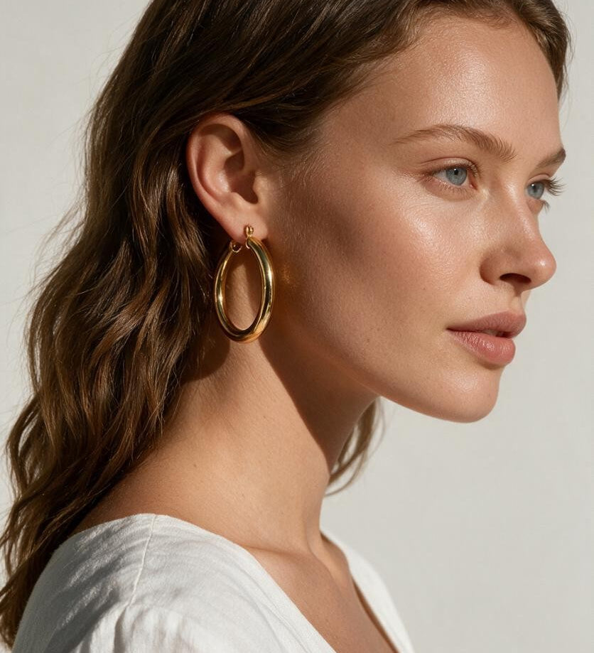 classic gold hoop earrings on model, gold tube hoop earrings, polished gold hoops, medium gold hoop earrings, thick gold hoops, everyday gold hoops, timeless hoop earrings, minimalist gold hoops, lightweight chunky hoops, hoop earrings for long hair, gift for her, summer linen style jewelry