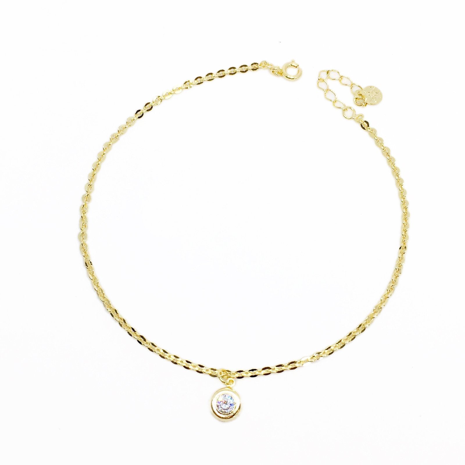 18k GL Wide link Anklet W/ clear Cz Charm - Donna Italiana ®